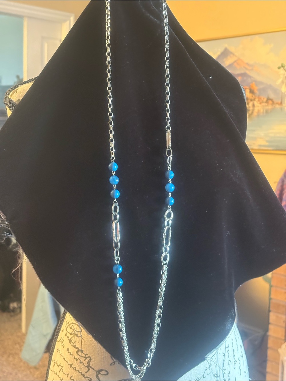 Silver and Blue Bead Long Necklace